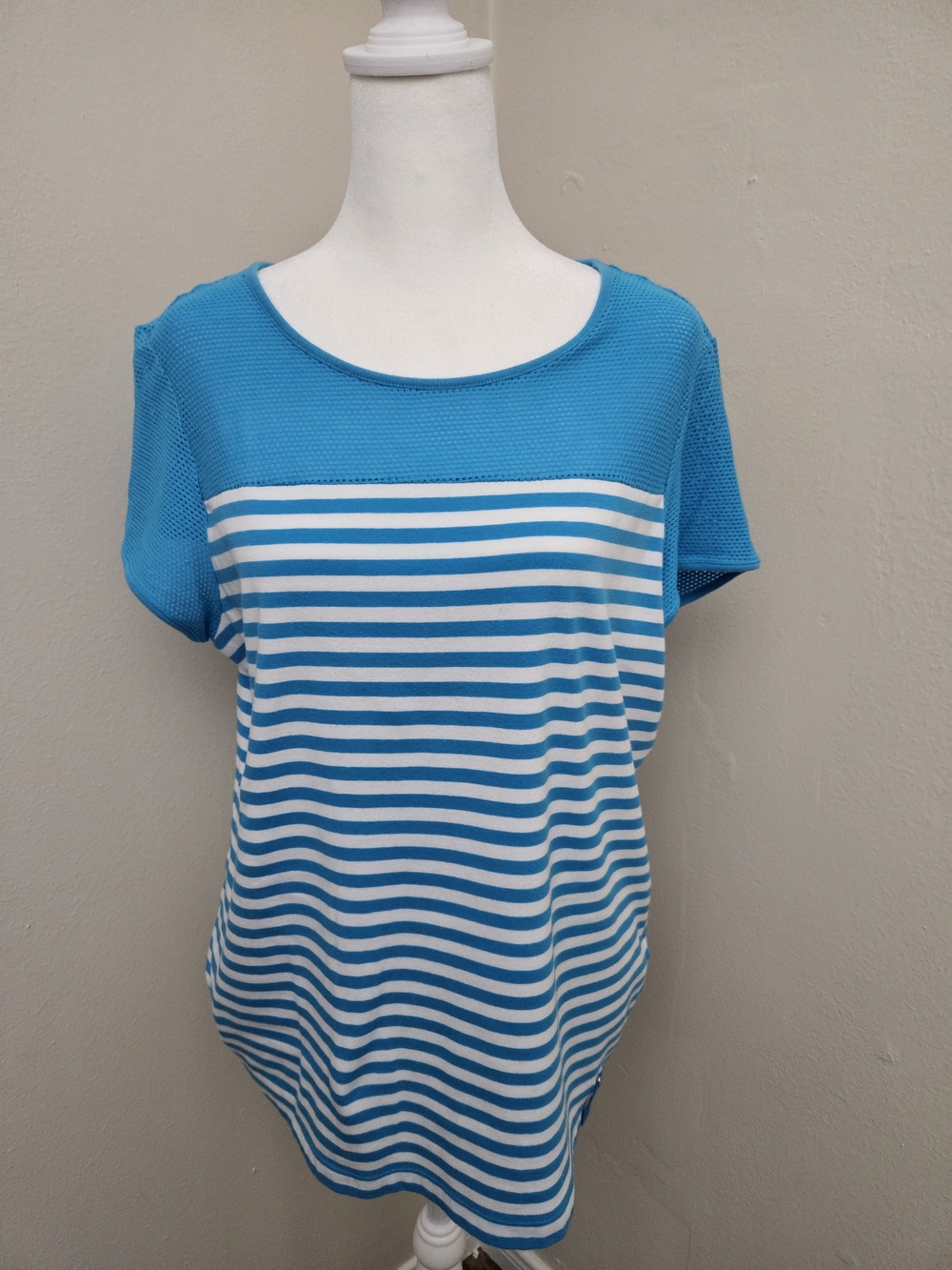 Lauren Ralph Lauren White and Bright Blue Striped Short Sleeve Tee